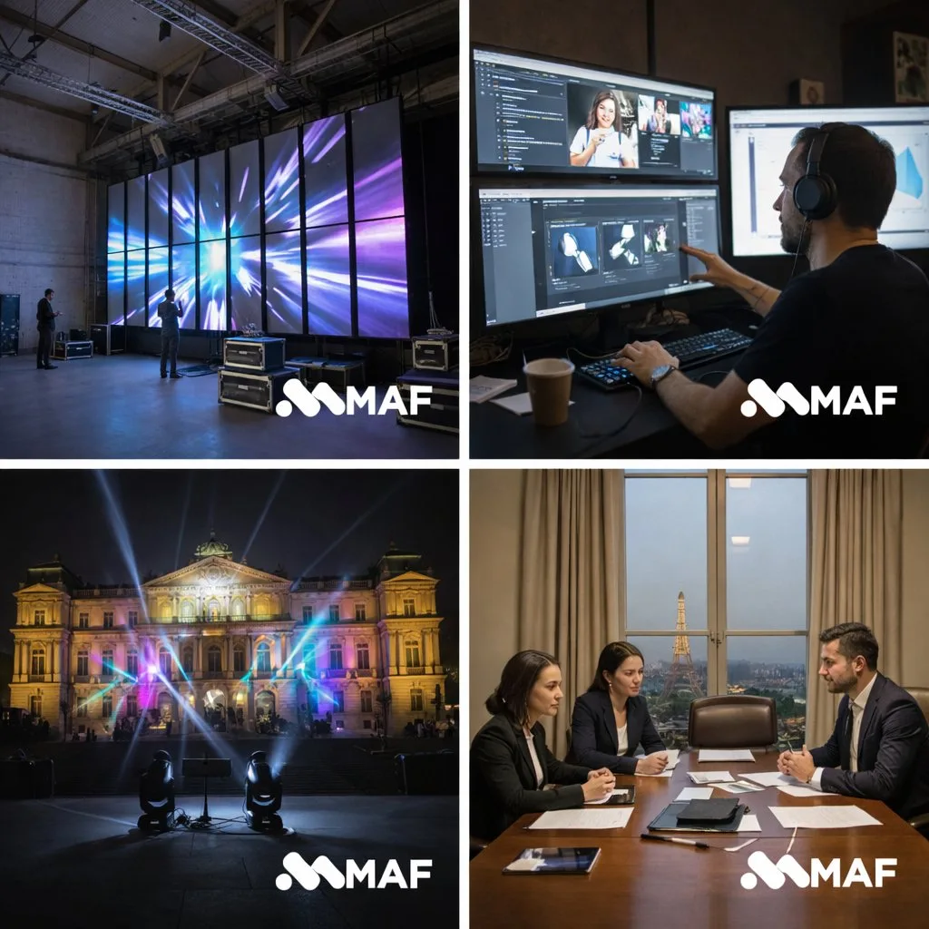 Quatre scènes illustrant les services d'une entreprise audiovisuelle: événementiel, post-production et réunion à Paris.