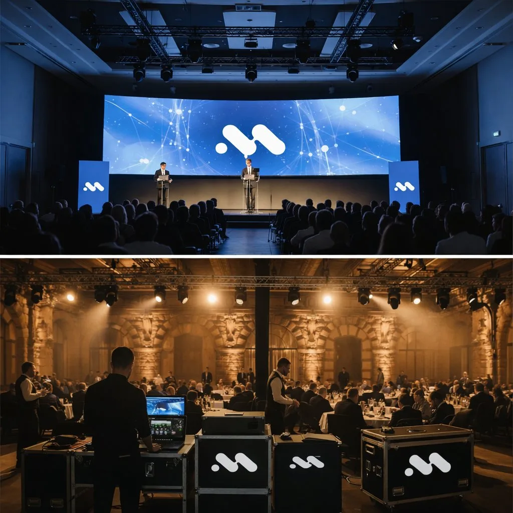 Trois images présentant un événement d'entreprise avec un grand écran, un public, une salle de contrôle et une salle de réception élégante, toutes marquées du logo 'M'.