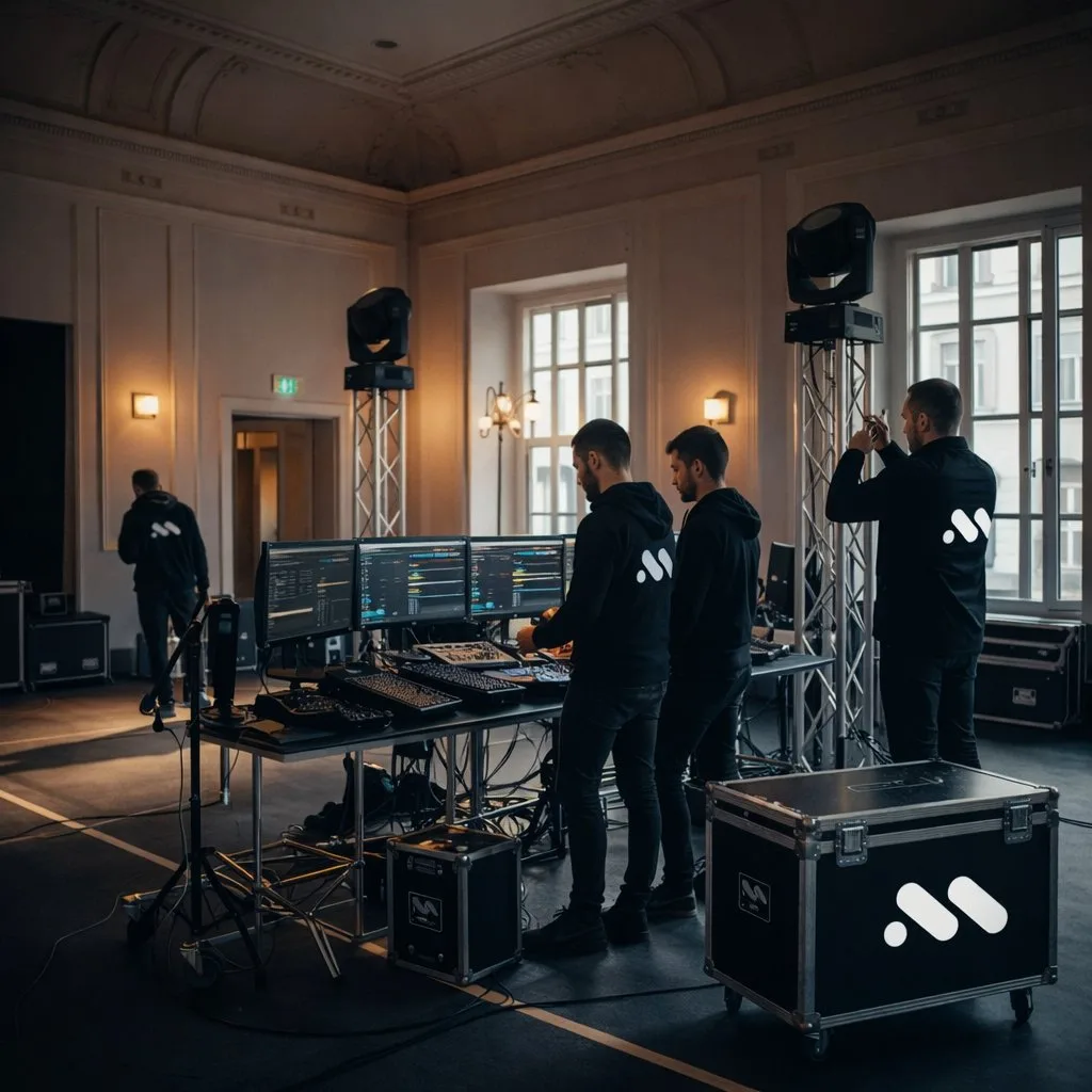 Quatre hommes en hoodies noirs avec logo blanc préparent l'équipement audiovisuel pour un événement, avec des écrans et des lumières.