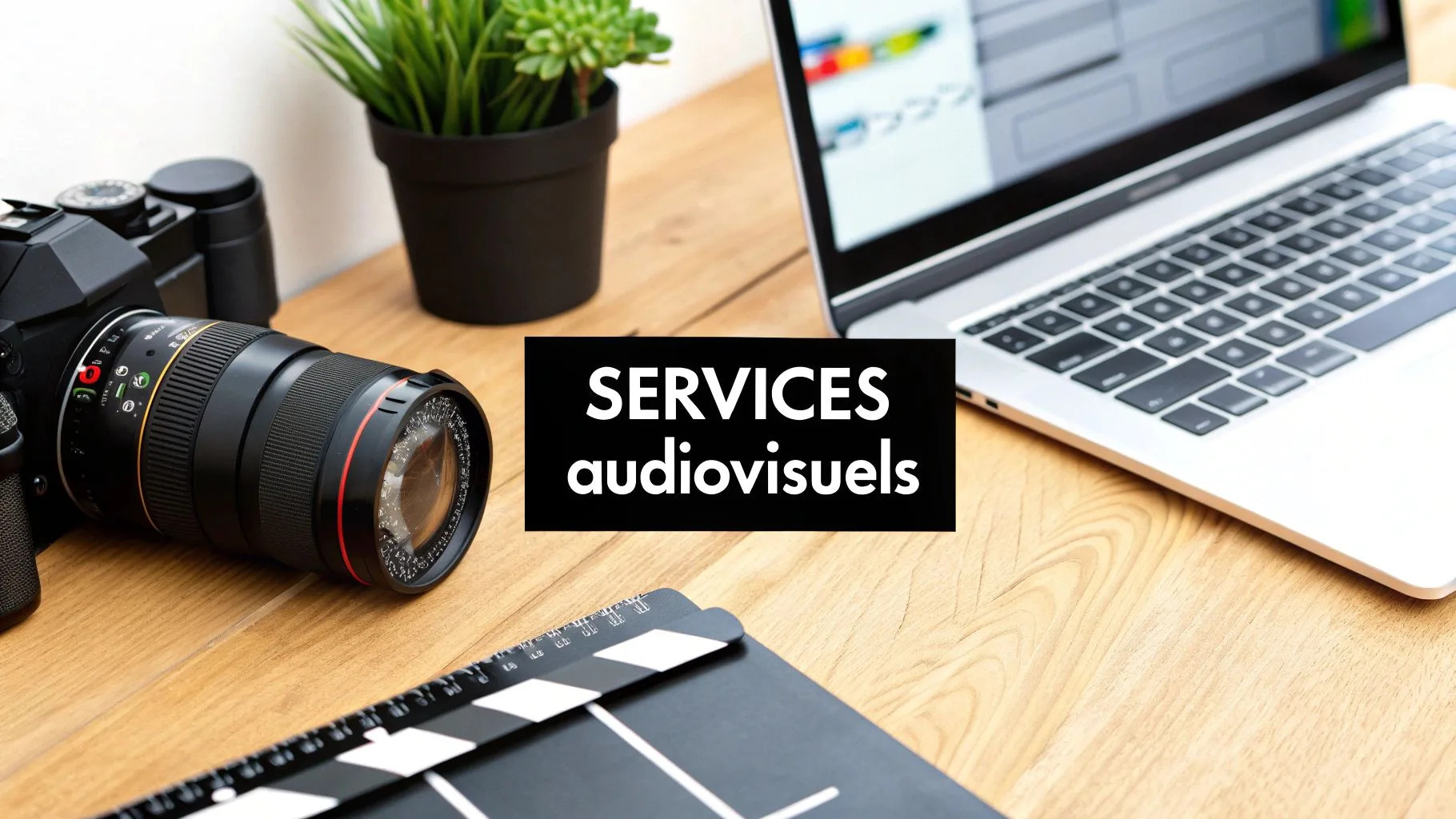 Bureau avec une caméra, un ordinateur portable, un clap de cinéma et une plante, affichant 'SERVICES audiovisuels'.