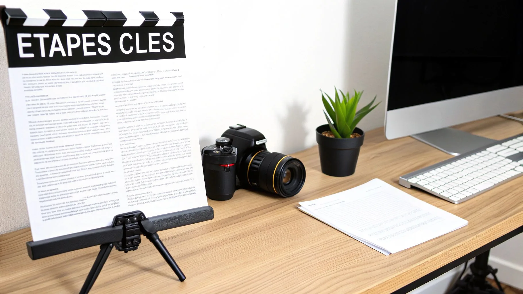 Un bureau de production audiovisuelle avec une clapperboard affichant "ÉTAPES CLÉS", une caméra et un ordinateur.