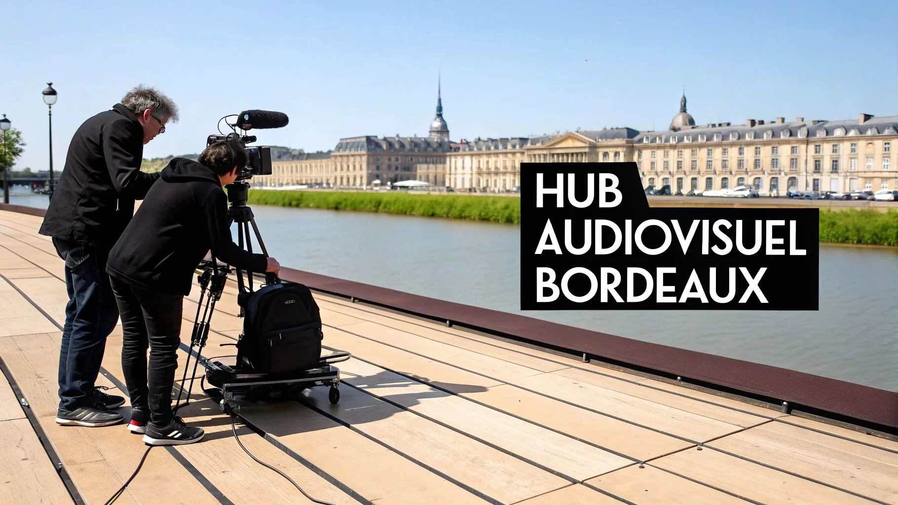 Deux personnes filment une scène sur les quais de Bordeaux, avec des bâtiments historiques en arrière-plan et le texte Hub Audiovisuel Bordeaux.