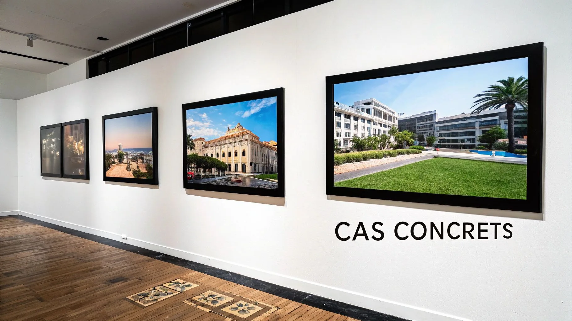 Salle d'exposition moderne avec des photographies encadrées de paysages urbains et architecturaux sur un mur blanc, sol en bois.