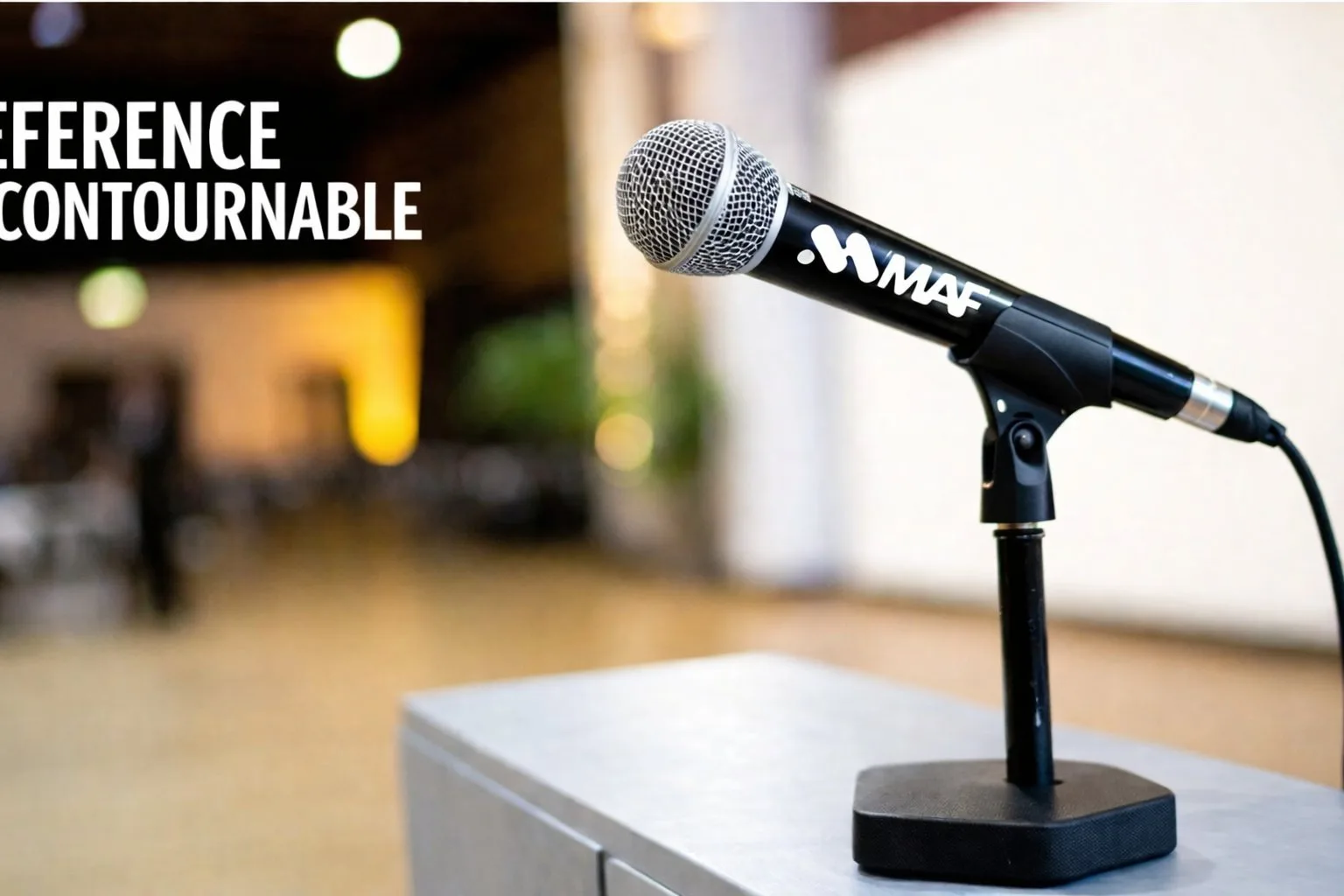 Un microphone noir avec un logo MAF, posé sur un support sur une table, avec un fond flou d'événement.
