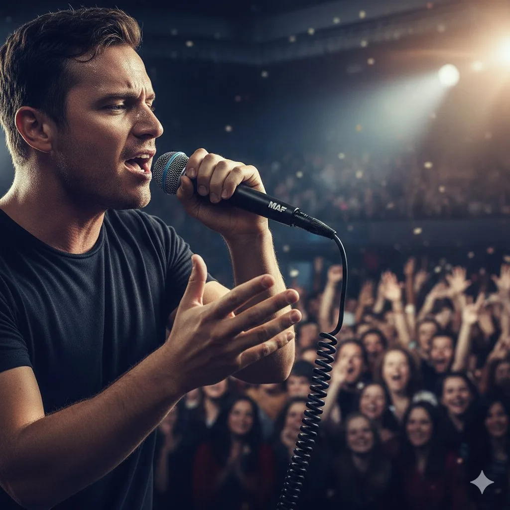 Un homme chante passionnément sur scène, tenant un microphone, devant une foule acclamant.