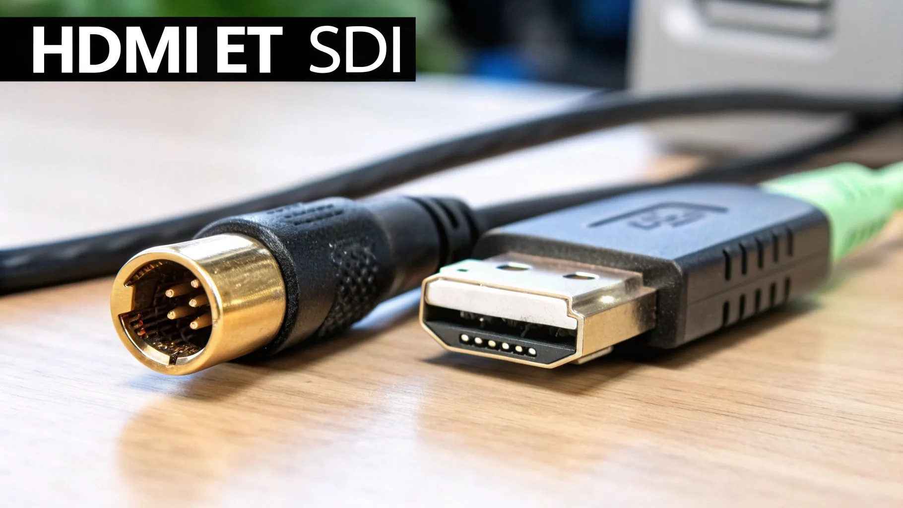Connecteurs vidéo, dont un HDMI et un mini-DIN (S-Video ou SDI), sur une surface en bois.