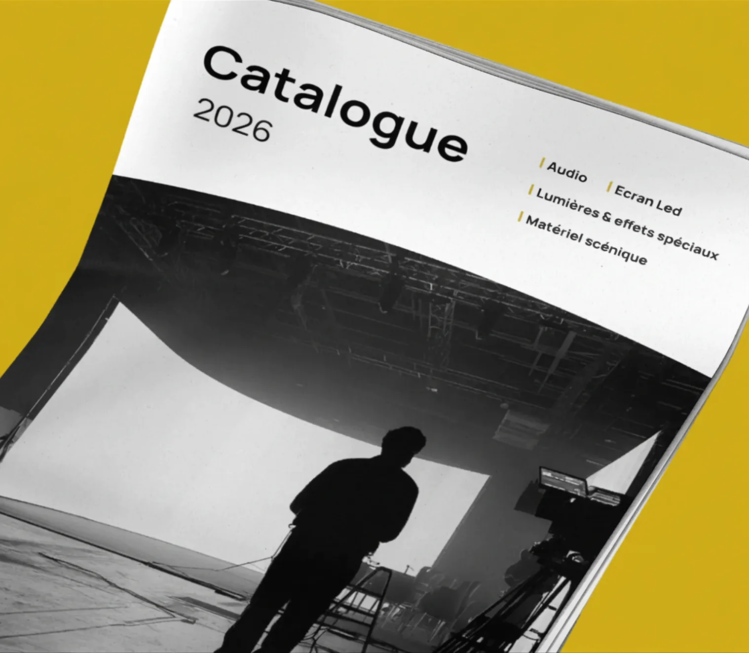 Catalogue MAF 2026 présentant les solutions audiovisuelles professionnelles : écrans LED, sonorisation, éclairage et matériel scénique.