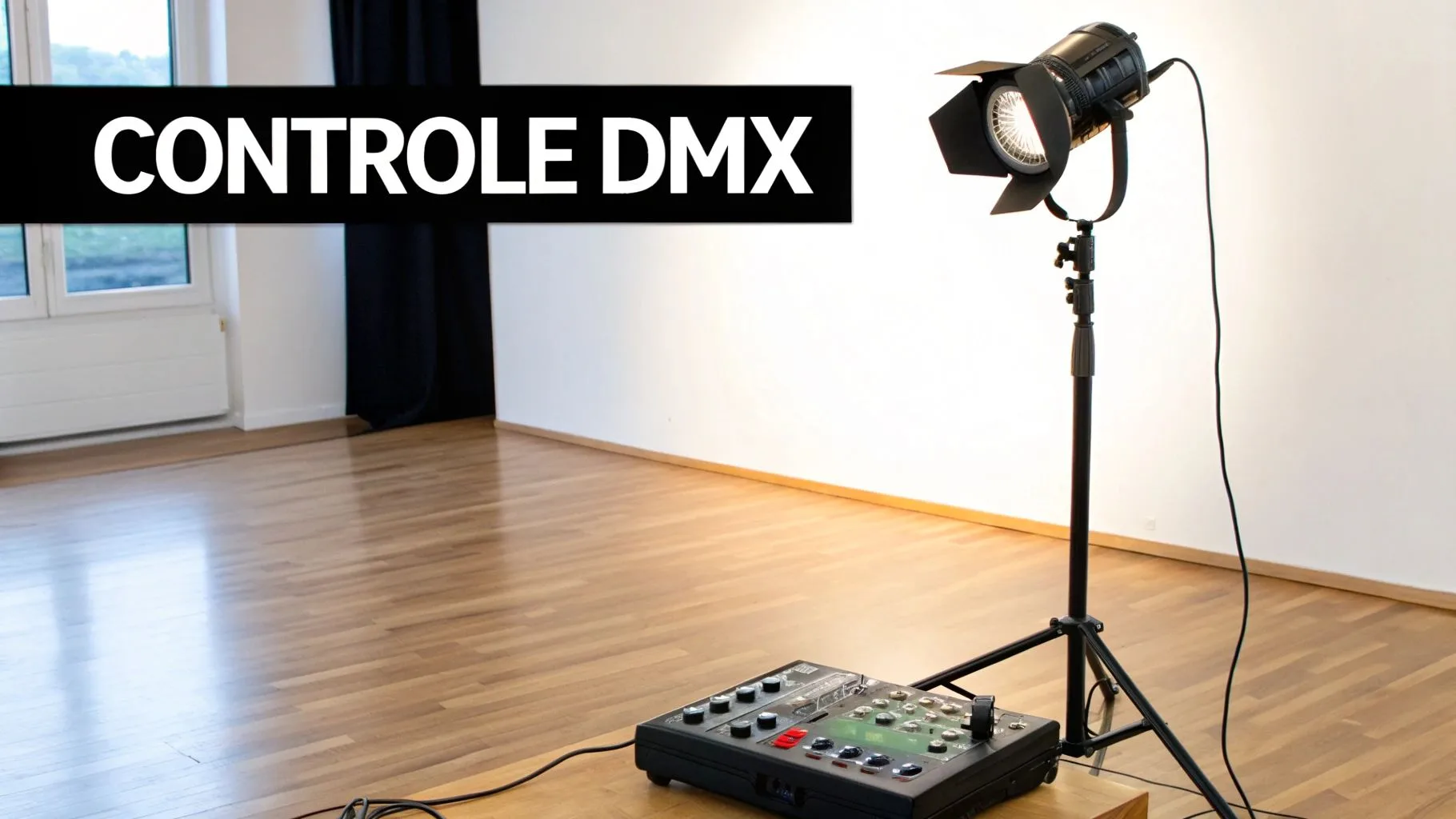 Installation de contrôle DMX avec un projecteur LED sur pied et une console de mixage dans une pièce moderne.