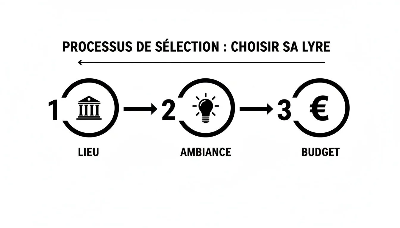 Infographie illustrant le processus de sélection d'une lyre, étape par étape : lieu, ambiance et budget.
