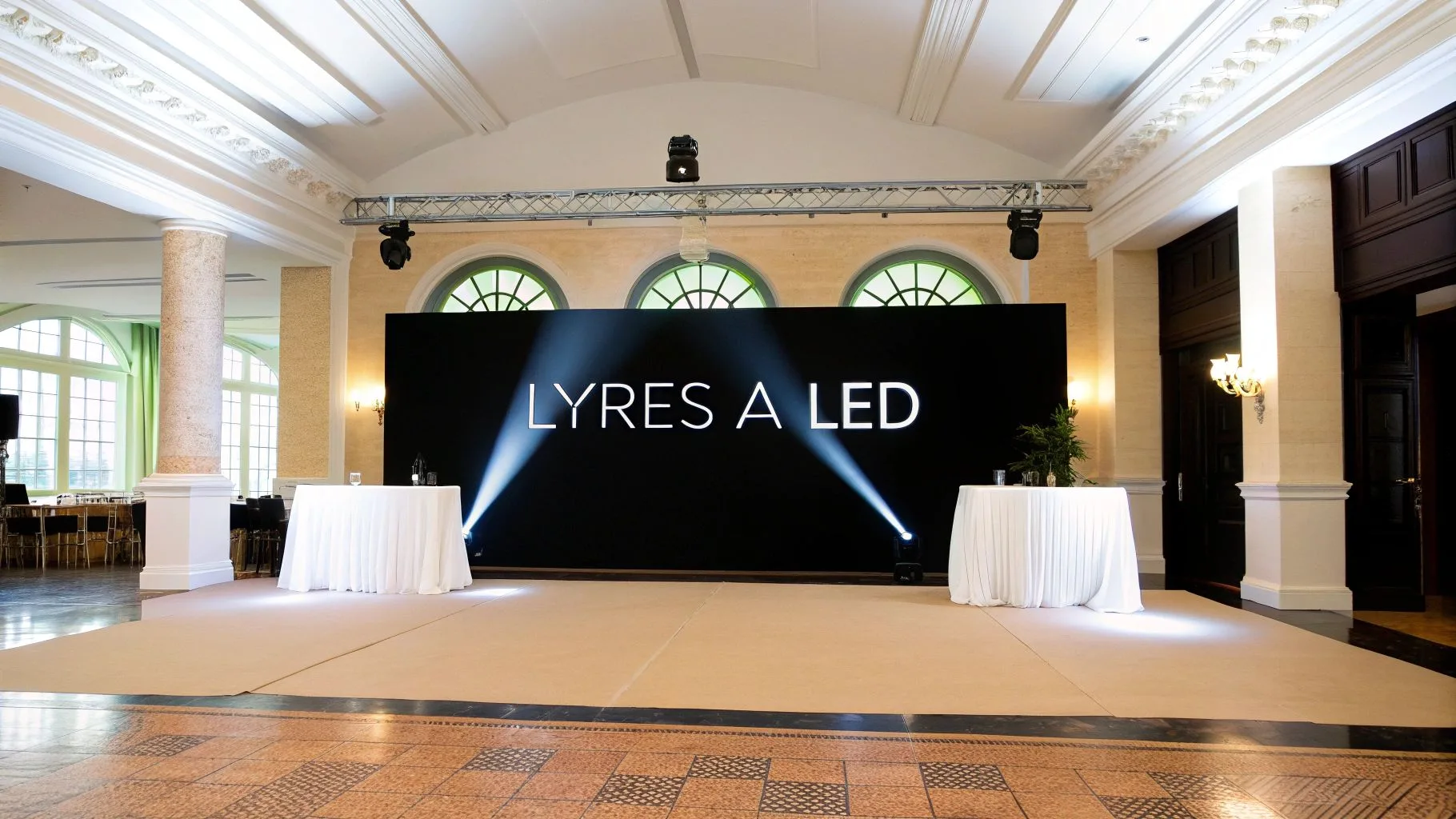 Grande salle événementielle avec un écran noir affichant "LYRES A LED", éclairé par des projecteurs lumineux.