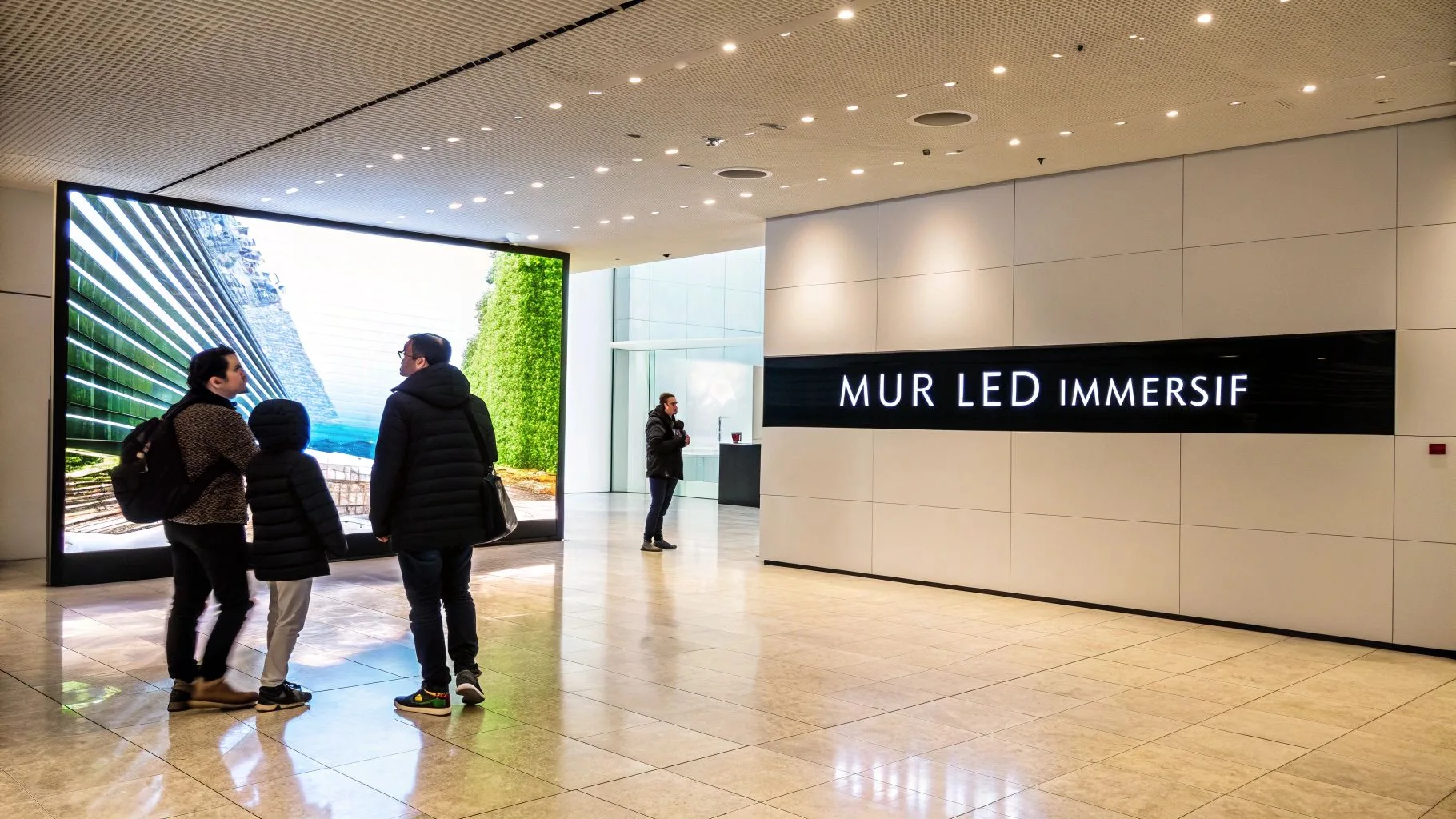 Plusieurs personnes regardent attentivement un grand mur LED immersif affichant un paysage verdoyant à l'intérieur d'un bâtiment moderne.