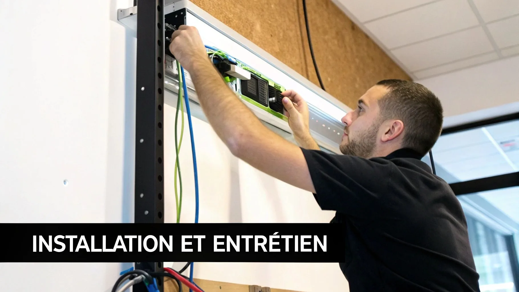 Un technicien installe ou entretient le câblage d'un système mural, avec des fils verts et bleus visibles.