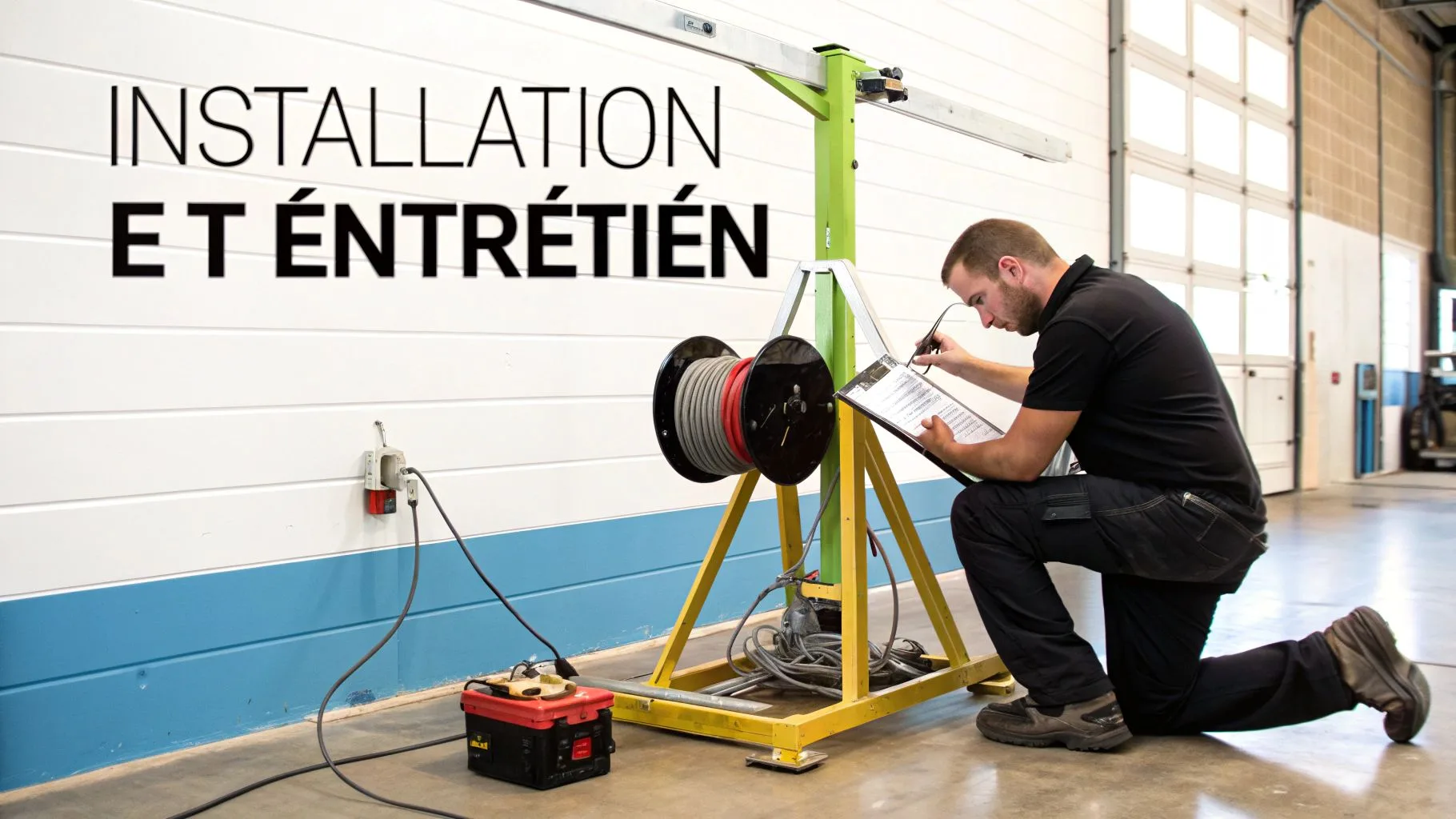Un technicien inspecte un équipement d'installation et d'entretien avec un treuil à câble.