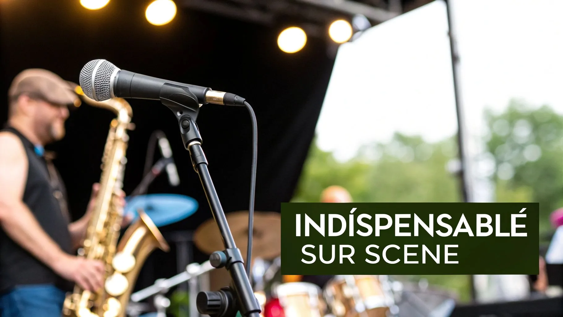 Un microphone sur pied devant un saxophoniste jouant sur scène, avec des lumières de spectacle en arrière-plan.