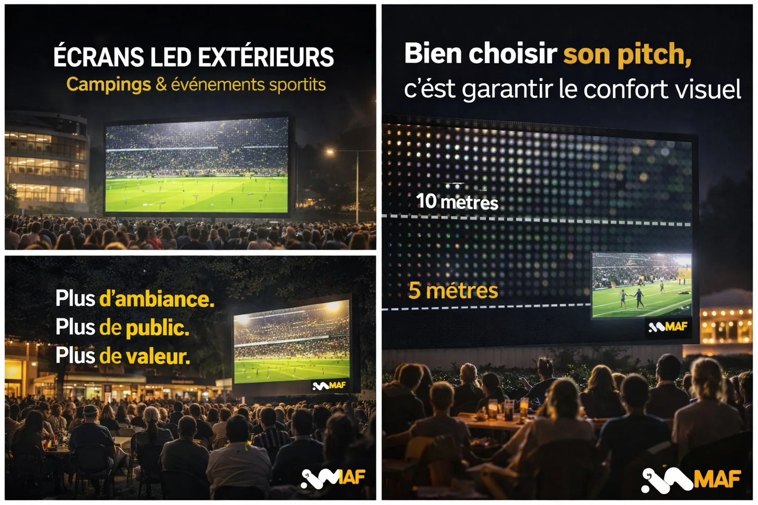 Image montrant des écrans LED extérieurs diffusant des événements sportifs pour des spectateurs, illustrant le confort visuel.