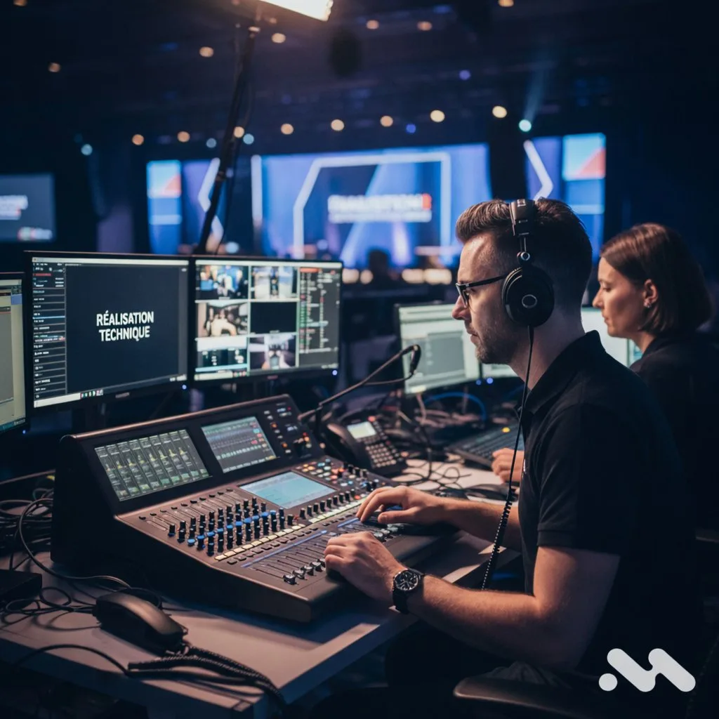 Deux techniciens concentrés gèrent une console de mixage audio et des écrans vidéo dans un studio de production.