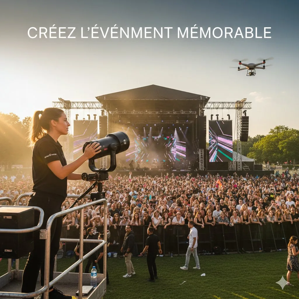 Une femme filme un concert en plein air avec une foule immense et un drone, sous le texte "Créez l'événement mémorable".