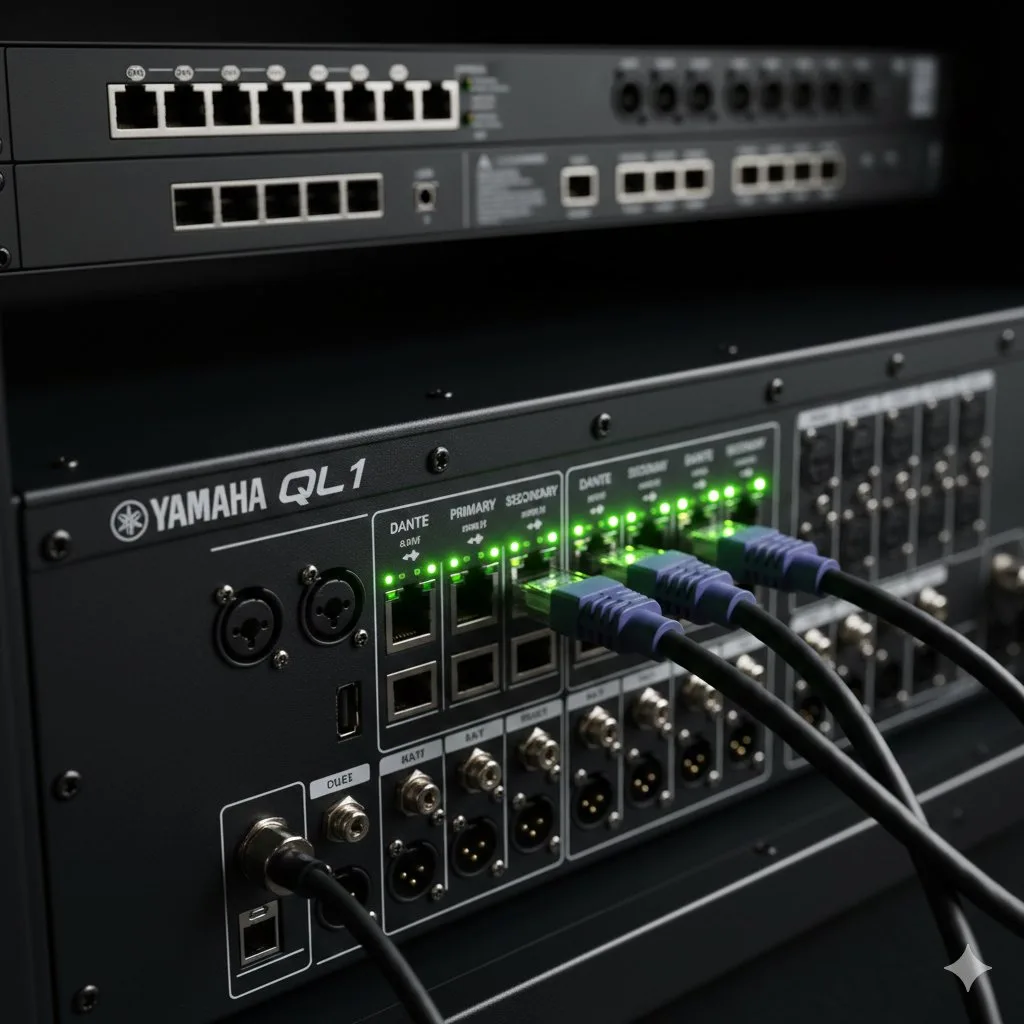 Panneau arrière d'une console Yamaha QL1 avec des câbles réseau et audio connectés, lumières vertes actives.