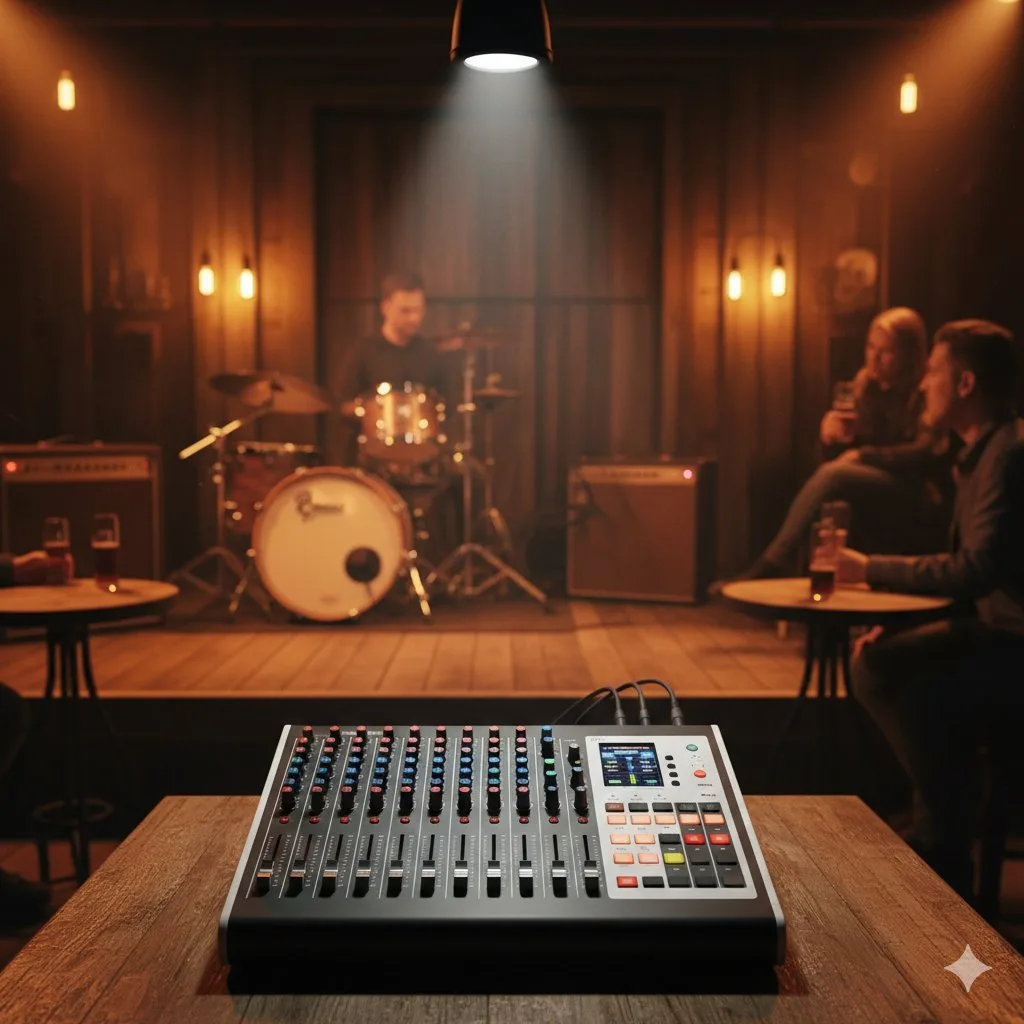 Console de mixage audio sur une table en bois, avec un groupe jouant sur scène et des spectateurs dans un bar.