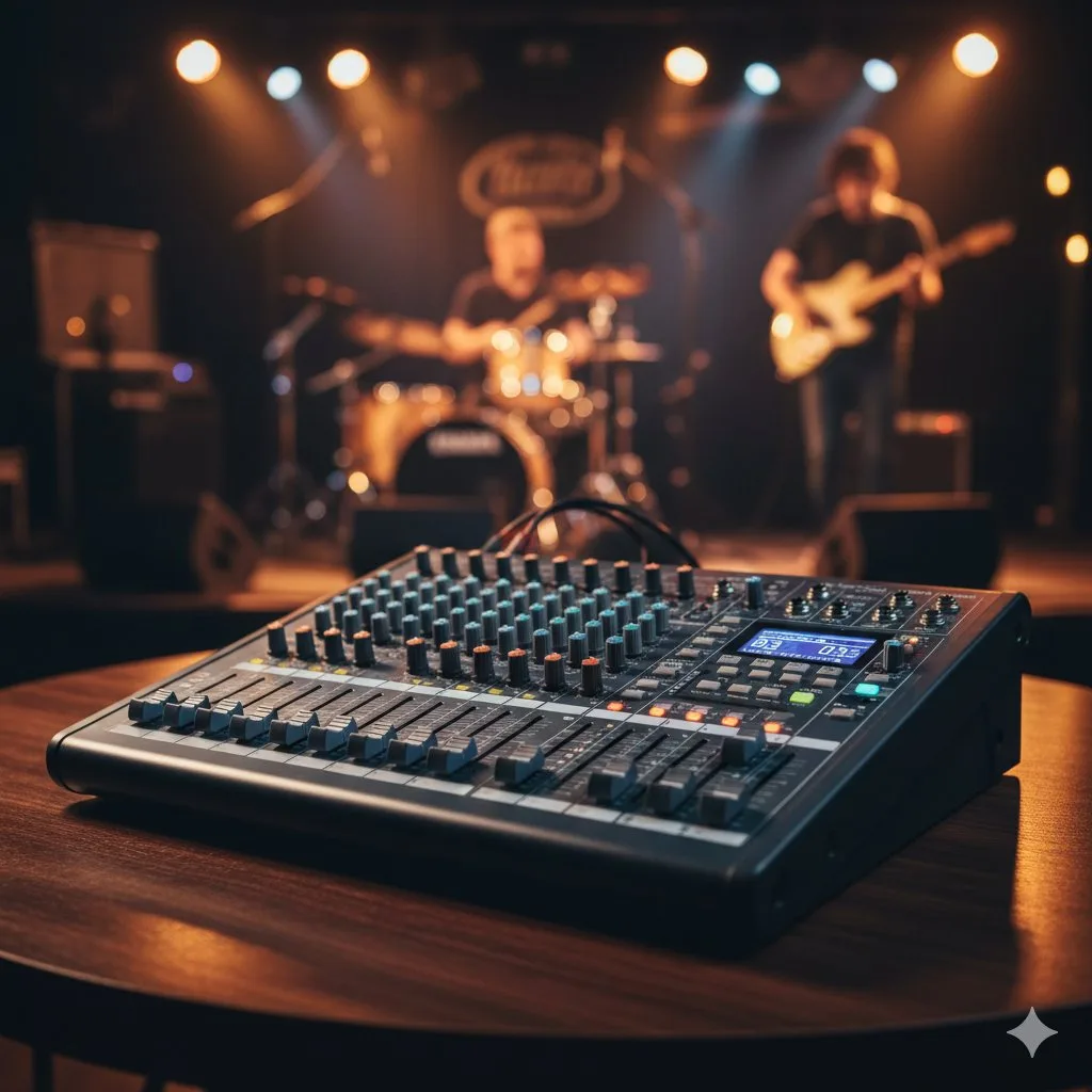 Table de mixage audio sur une table en bois, avec un groupe de musique jouant en arrière-plan flou sur scène.