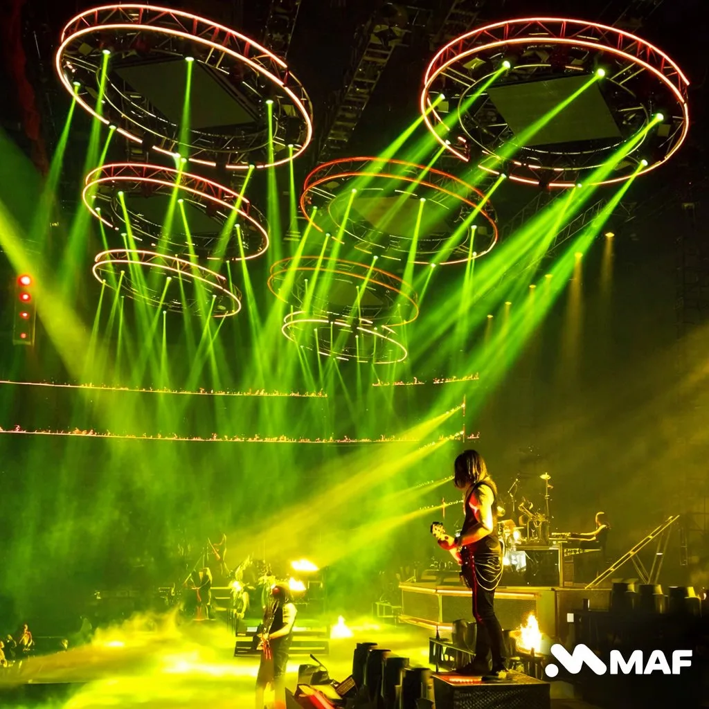 Un concert rock intense avec des musiciens sur scène et des faisceaux lumineux verts spectaculaires.
