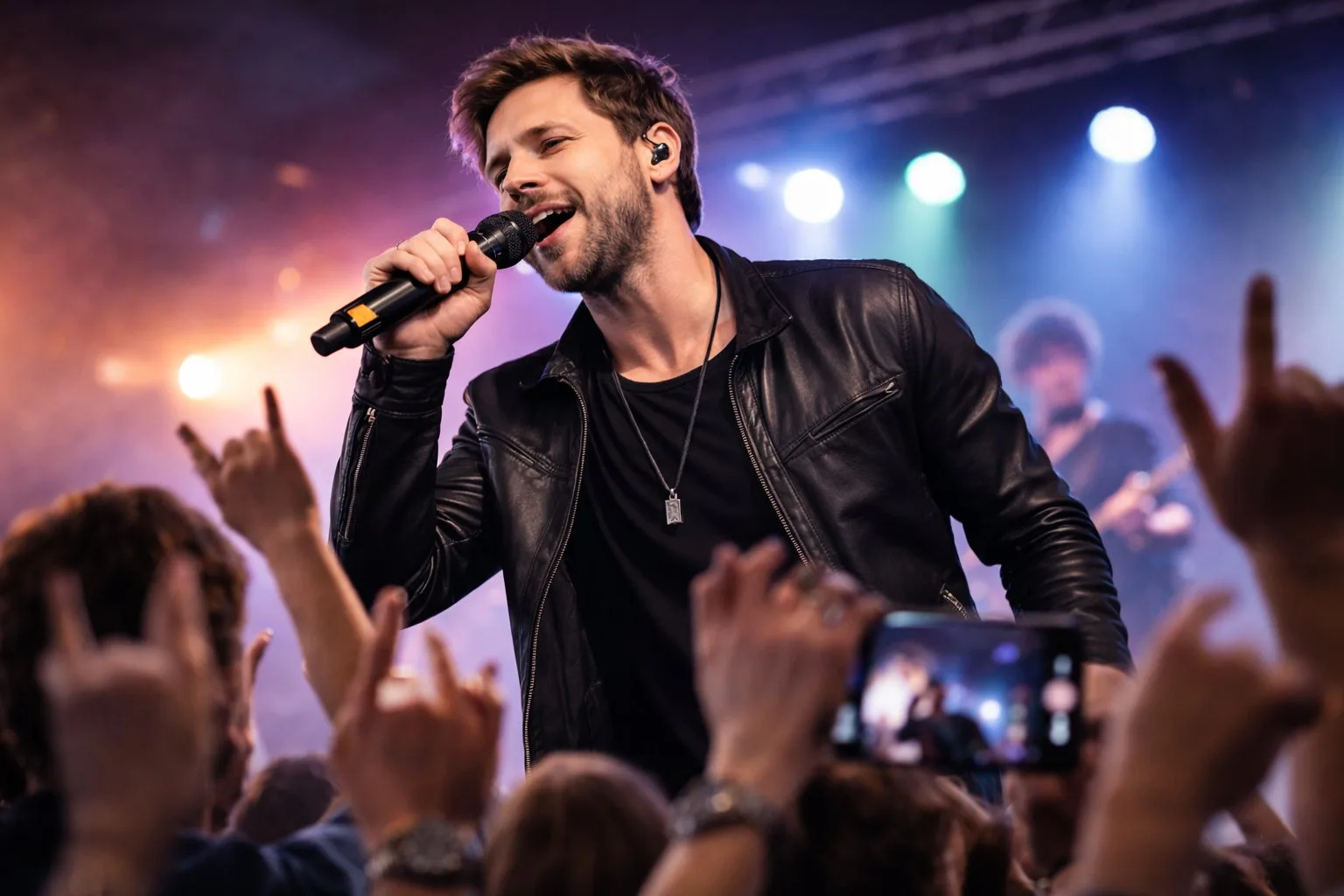 Chanteur en veste de cuir sur scène, tenant un microphone et chantant devant une foule enthousiaste lors d'un concert.