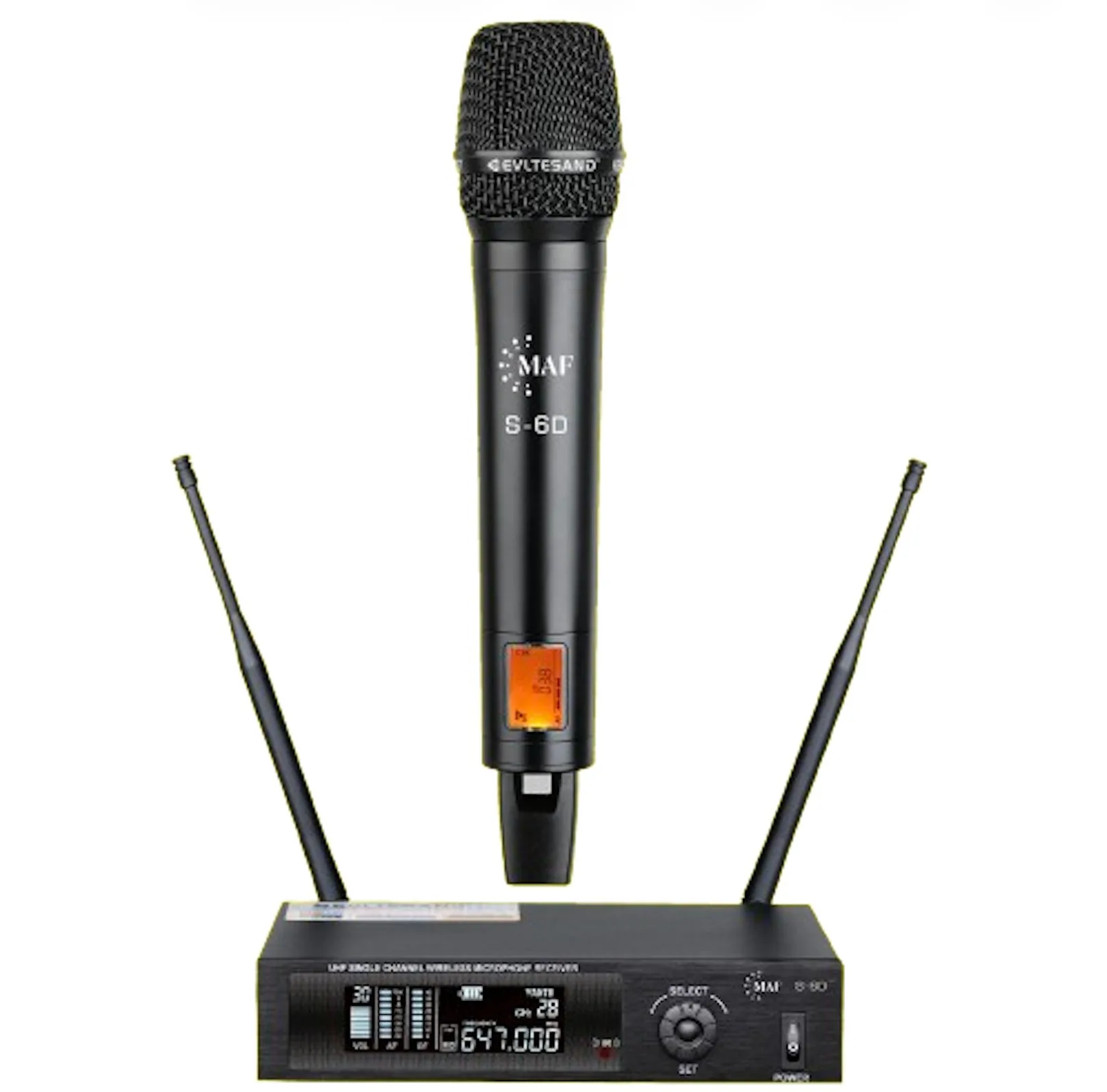 Un microphone sans fil noir et son récepteur avec deux antennes sur fond blanc.