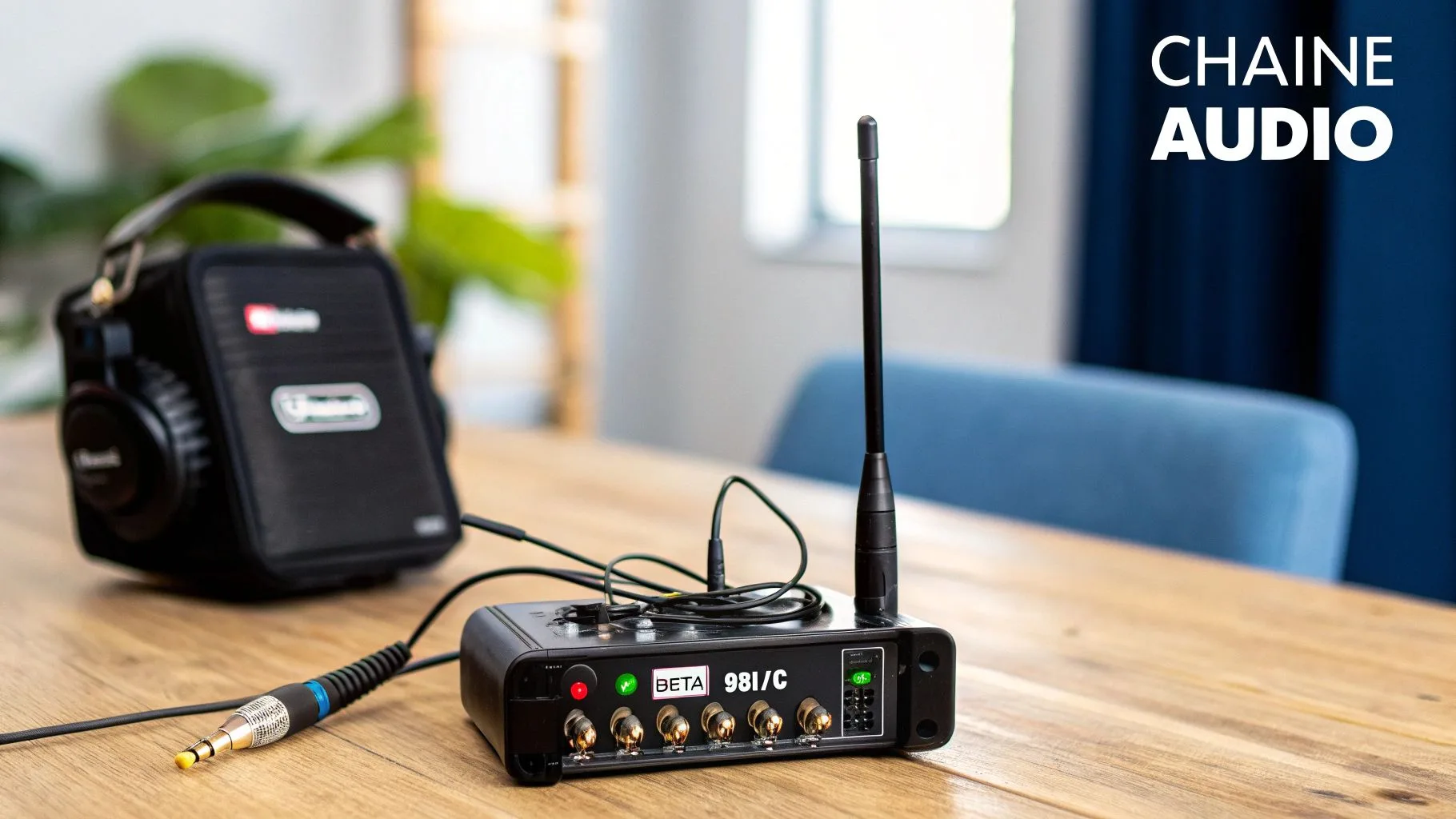 Équipement audio professionnel Shure Beta 98I/C avec casque et récepteur sur une table en bois.