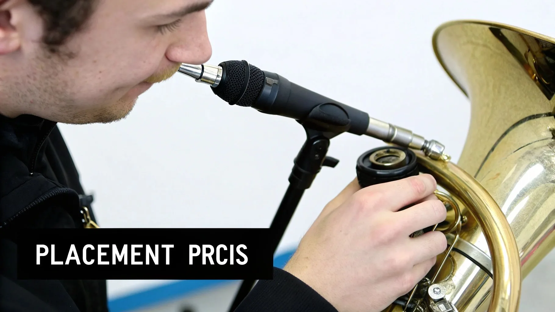 Gros plan d'un musicien jouant d'un instrument à vent en laiton, un microphone Shure Beta 98H/C attaché près de son embouchure. Texte: 'PLACEMENT PRÉCIS'.