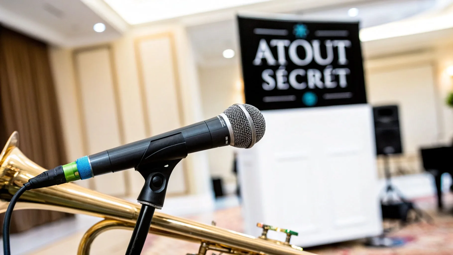 Microphone Shure Beta 98H/C sur pied, avec instrument à vent en laiton, lors d'un événement musical.