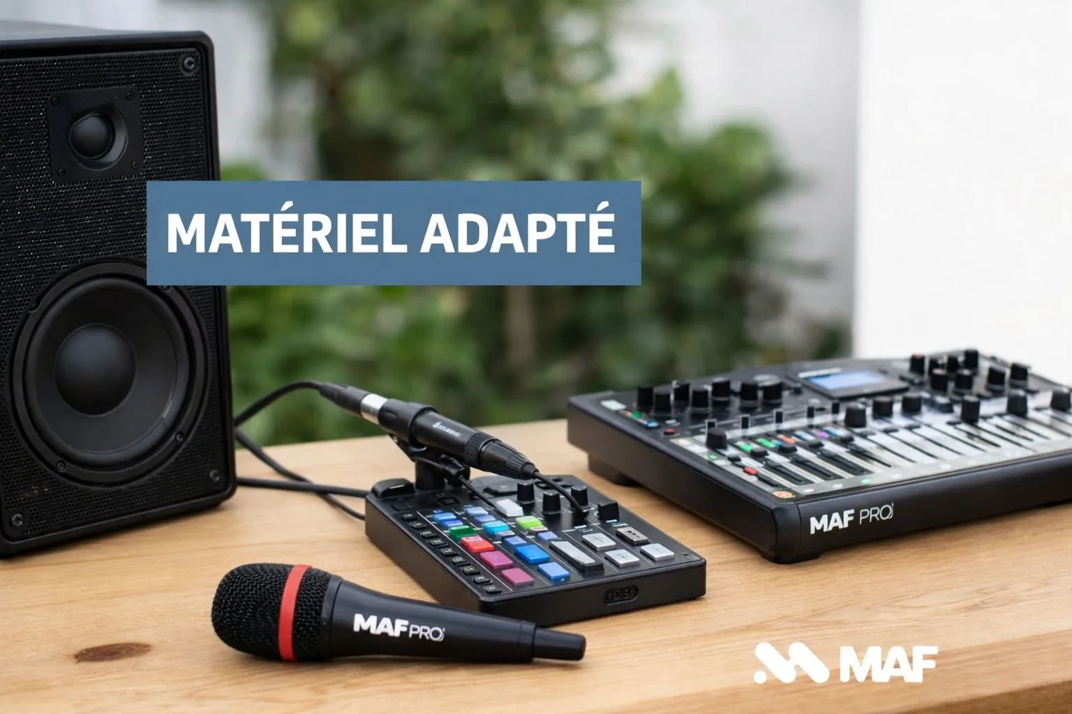 Un haut-parleur, des microphones et des tables de mixage noires sur une table en bois, illustrant du matériel audio adapté.