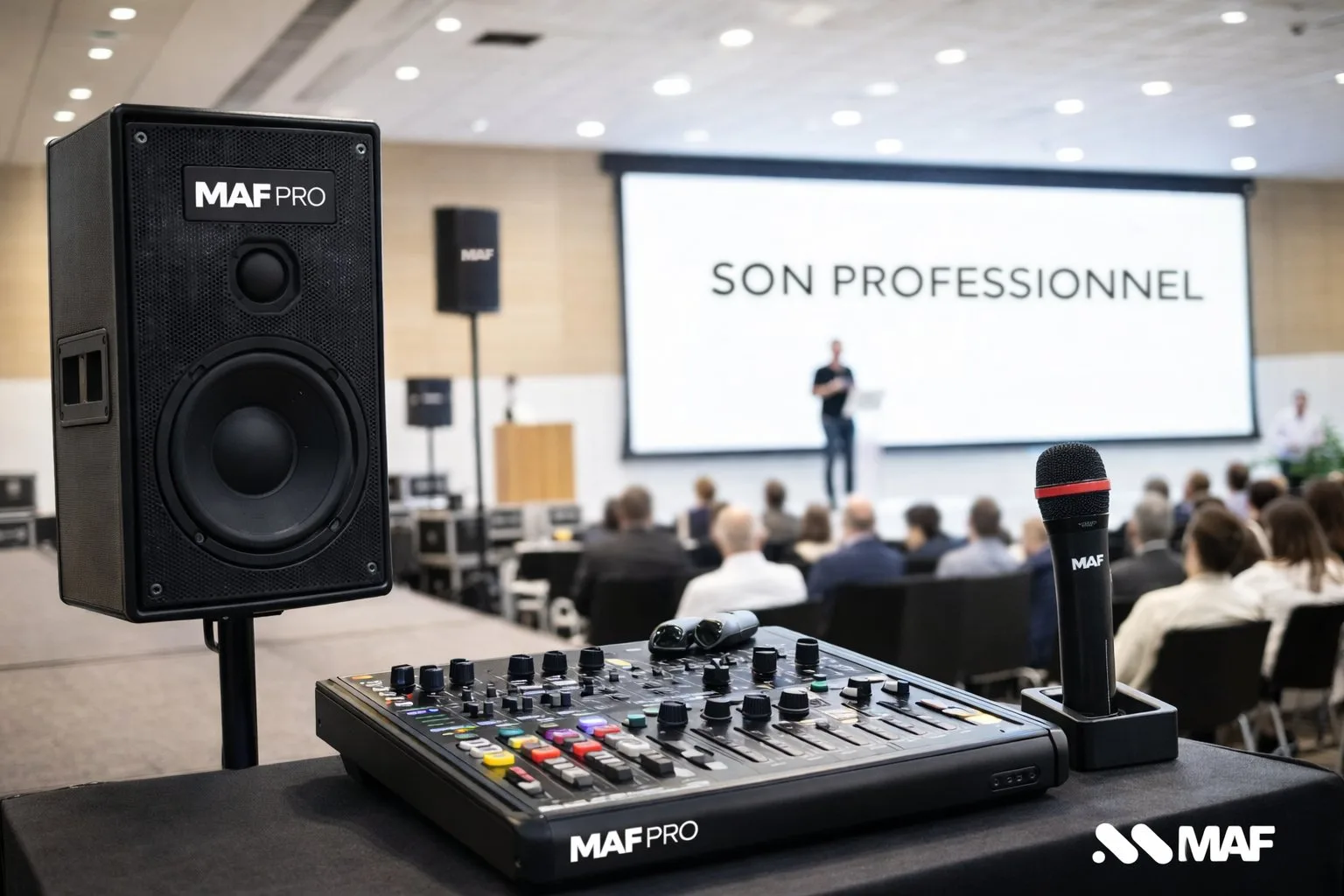 Équipement audio MAF PRO : enceinte, table de mixage et micro, devant un écran de présentation "SON PROFESSIONNEL" et une audience.