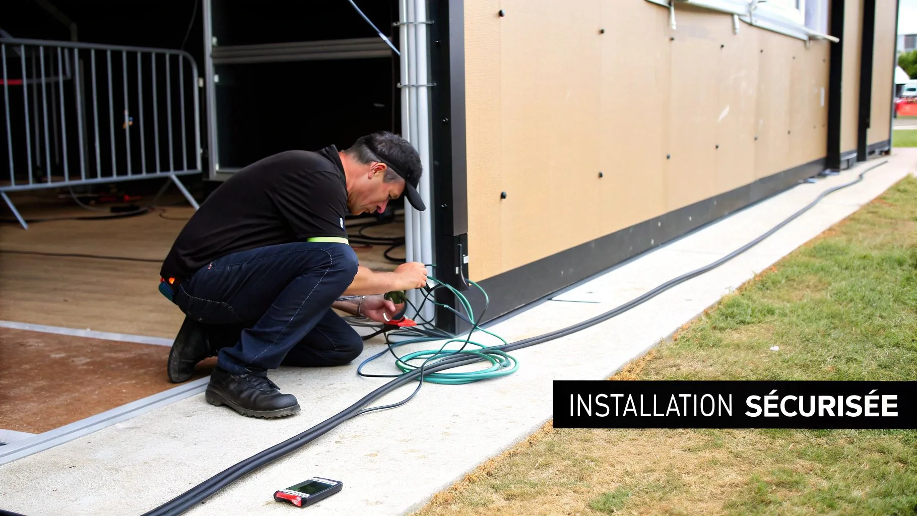 Un technicien accroupi branche des câbles électriques verts et noirs le long d'un bâtiment portable, assurant une installation sécurisée.