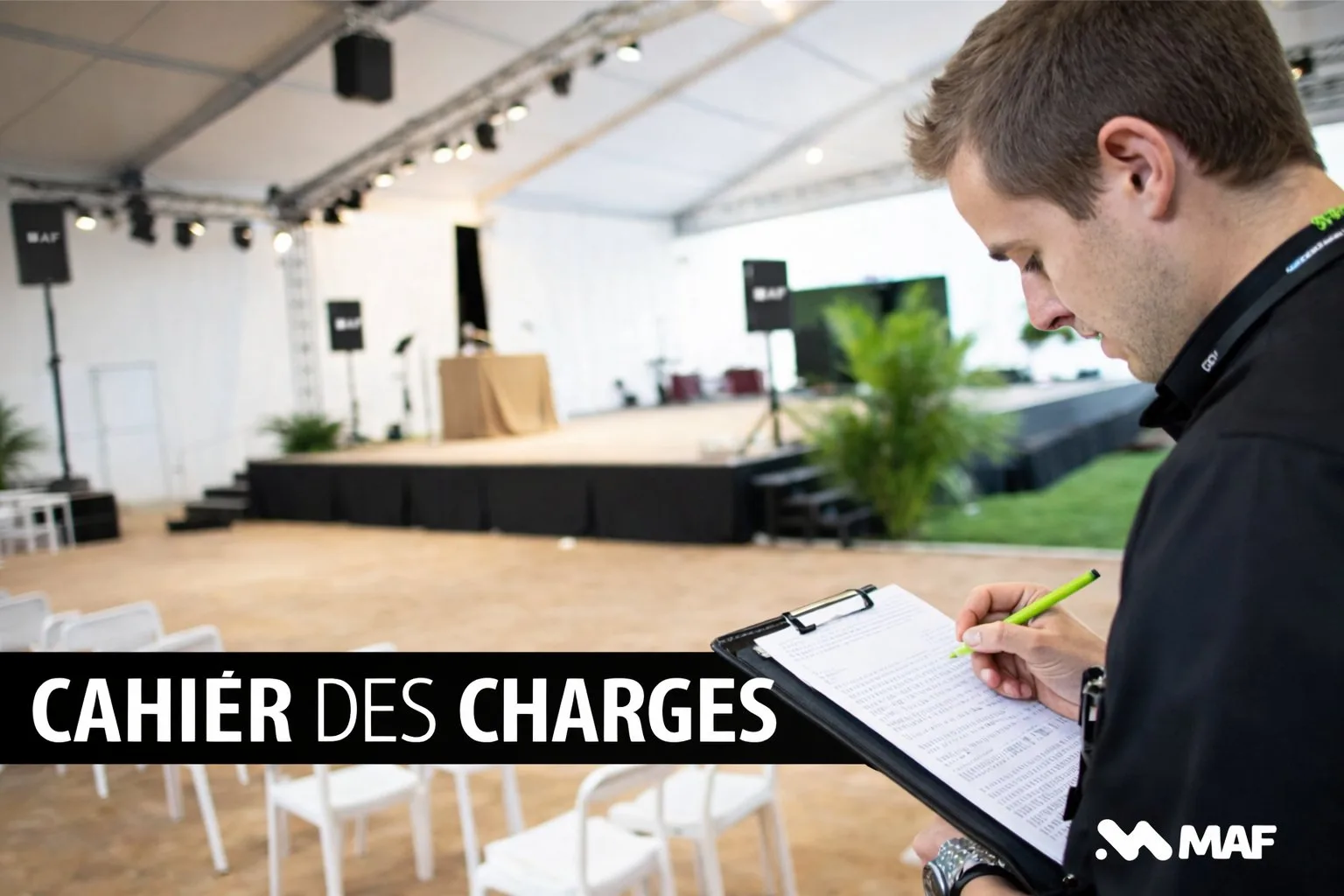 Un homme écrit sur un cahier des charges avec un stylo vert, devant une scène de concert en préparation.