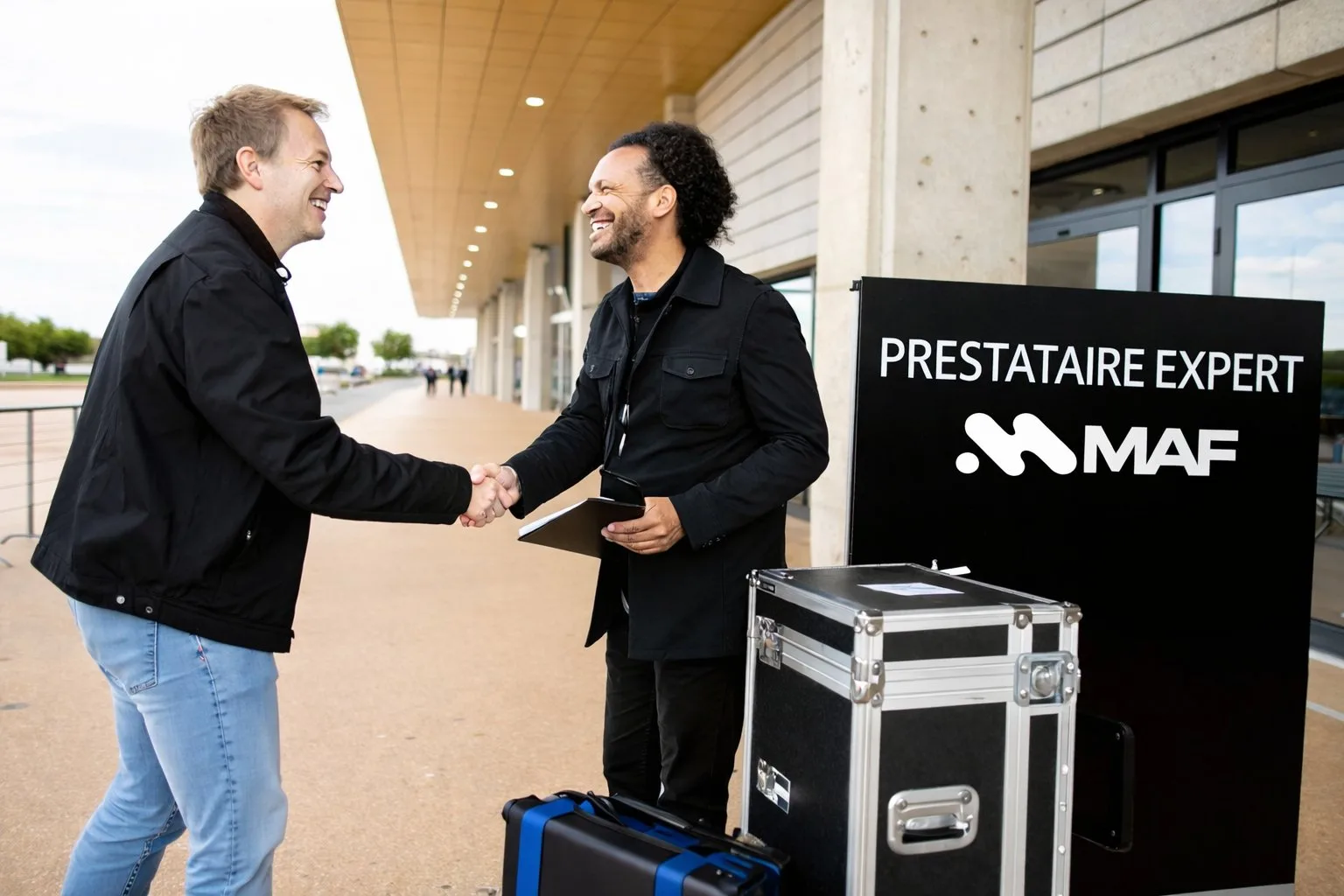 Deux hommes souriants se serrent la main devant un panneau MAF et du matériel de sonorisation.