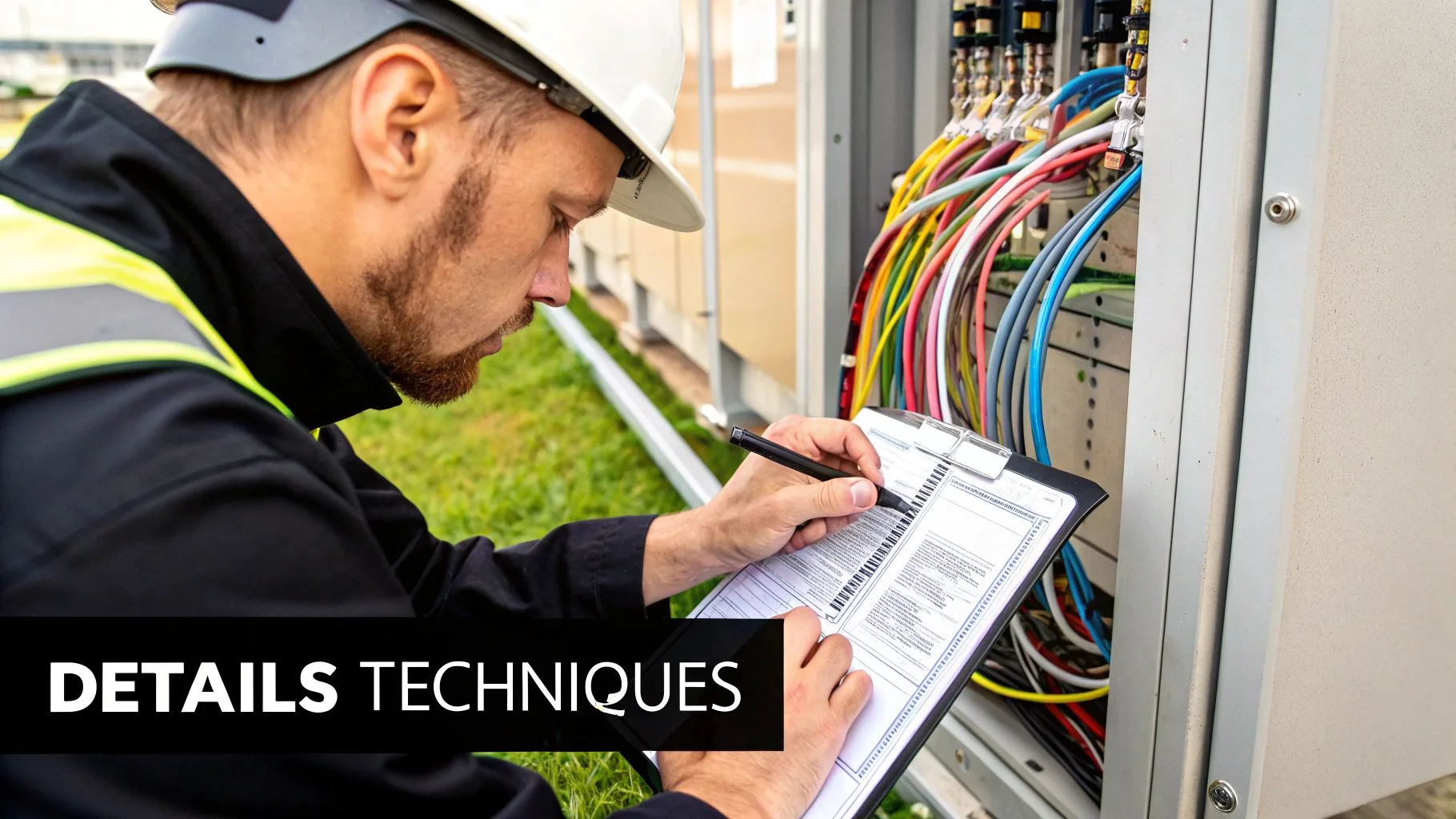 Un technicien qualifié inspecte un boîtier électrique, prenant des notes détaillées sur un presse-papiers.