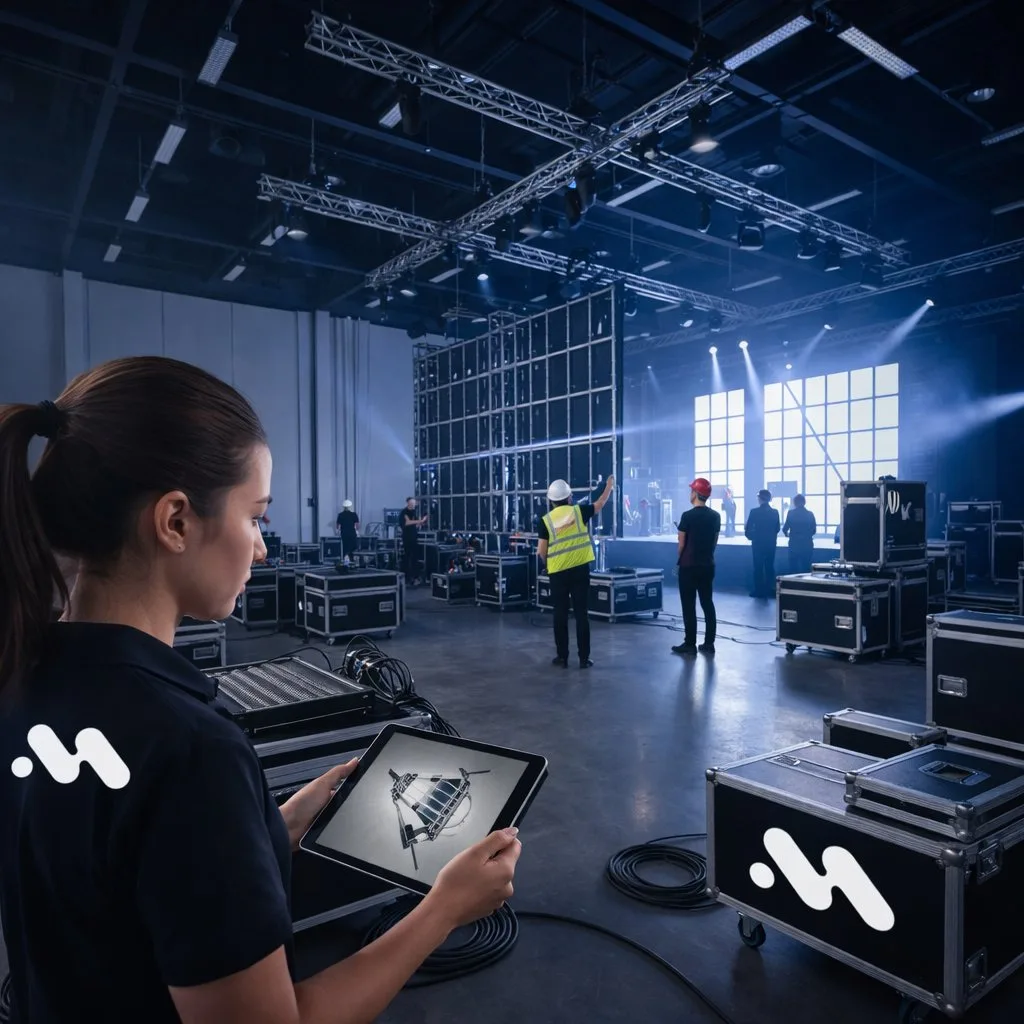 Une femme visualise un modèle 3D sur une tablette, supervisant l'installation technique d'un événement avec des écrans et des équipements de scène.